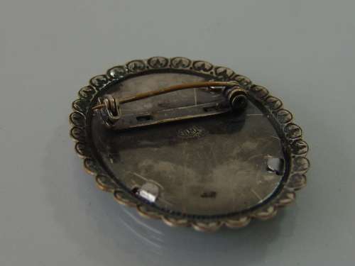 Antique Thomas L Mott oval silver metal Brooch, hand painted - 5cm x 4cm