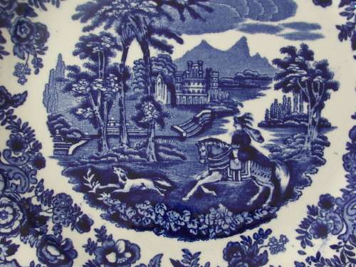 Antique Petrus Regnout Co, Maastricht blue and white, Amazone Charger, Knights Castle Hounds, 26cm