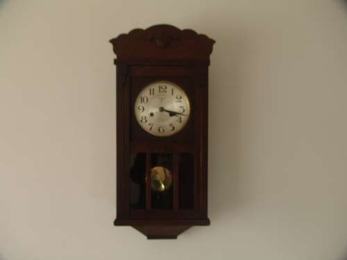 Antique 1930 Art deco German Oak cased wall Clock with Pendulum, makers F.M.S., 63cm x 27cm x 14cm