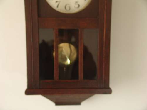 Antique 1930 Art deco German Oak cased wall Clock with Pendulum, makers F.M.S., 63cm x 27cm x 14cm