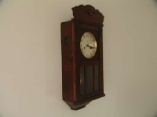 Antique 1930 Art deco German Oak cased wall Clock with Pendulum, makers F.M.S., 63cm x 27cm x 14cm