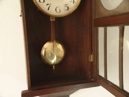 Antique 1930 Art deco German Oak cased wall Clock with Pendulum, makers F.M.S., 63cm x 27cm x 14cm