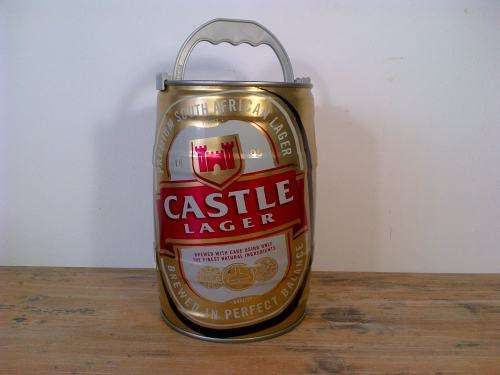 Large tin Castle Lager Beer can with sprout, 5 Litre, 25cm high, 16cm diameter