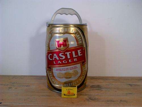 Large tin Castle Lager Beer can with sprout, 5 Litre, 25cm high, 16cm diameter