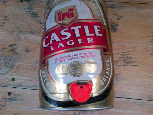 Large tin Castle Lager Beer can with sprout, 5 Litre, 25cm high, 16cm diameter