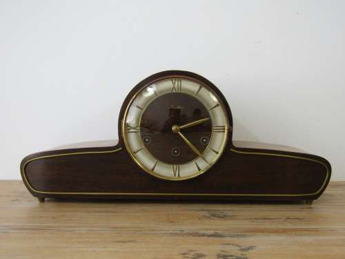 1950's Art deco walnut cased mechanical mantle Clock, Mauthe, working, 49cm x 20cm x 10cm