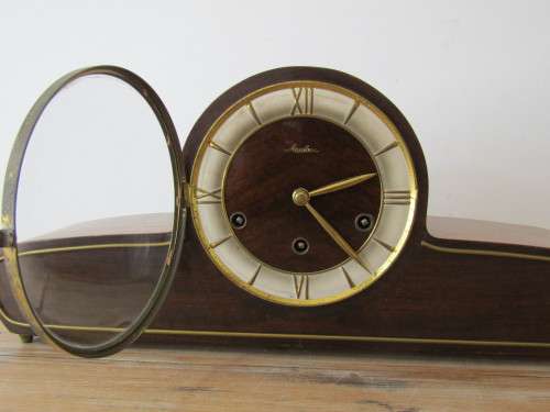 1950's Art deco walnut cased mechanical mantle Clock, Mauthe, working, 49cm x 20cm x 10cm