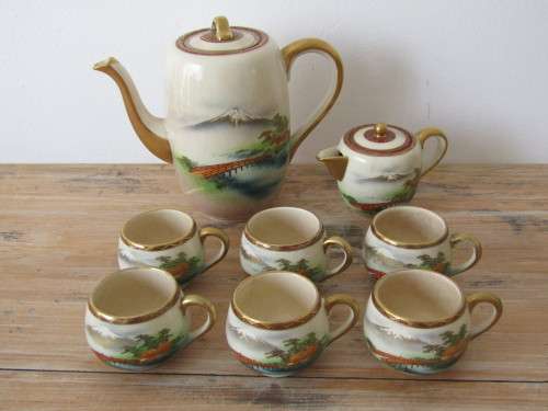 Antique oriental Satsuma porcelain coffee set, hand painted, 8 piece, excellent condition