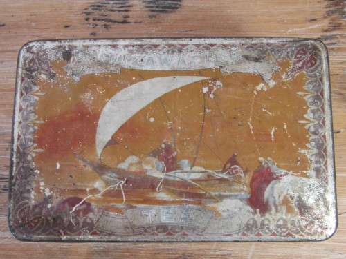 Antique Mazawattee tea tin with hinged lid, rare, 18cm x 11cm x 7cm
