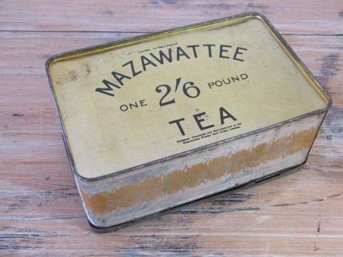 Antique Mazawattee tea tin with hinged lid, rare, 18cm x 11cm x 7cm