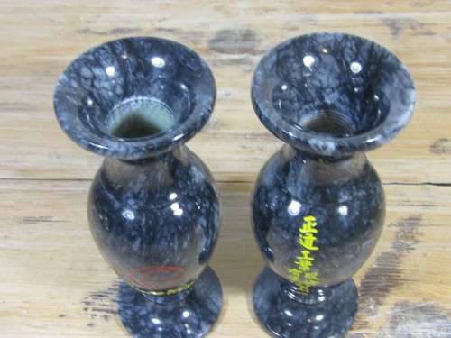 Set of two vintage Oriental solid granite / marble bud Vases -21cm