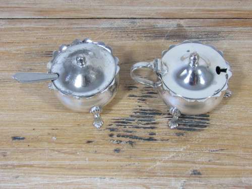 Pair of small Angora silver plated mustard bowls with blue liners and lids, excellent condition