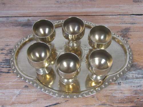 Set of 6 solid brass cups on a brass tray, excellent condition