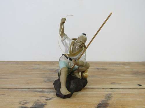 Vintage Oriental glazed ceramic Figurine, Chinese man fishing, 20cm tall, excellent condition