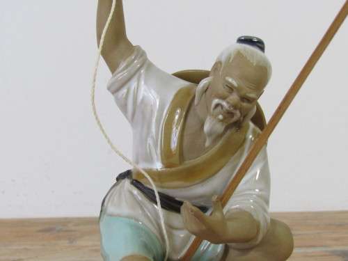 Vintage Oriental glazed ceramic Figurine, Chinese man fishing, 20cm tall, excellent condition