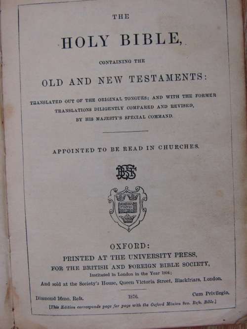 Antique 1876 Holy Bible, Oxford, English, 10cm x 15cm