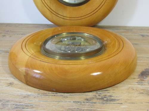 Set of two yellowwood West Germany made Clock and Barometer, 35cm diameter