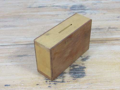 Vintage small wooden savings box with hidden door, 11.5cm x 3.5cm x 7cm, excellent condition