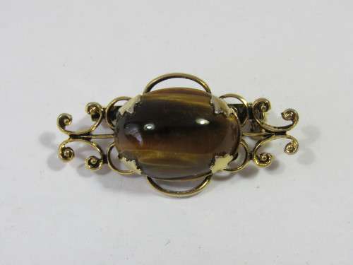 Vintage gold plated Tigers Eye Brooch, 3.5cm, excellent condition