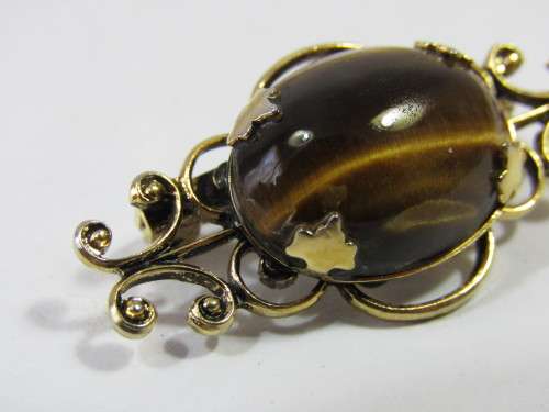 Vintage gold plated Tigers Eye Brooch, 3.5cm, excellent condition