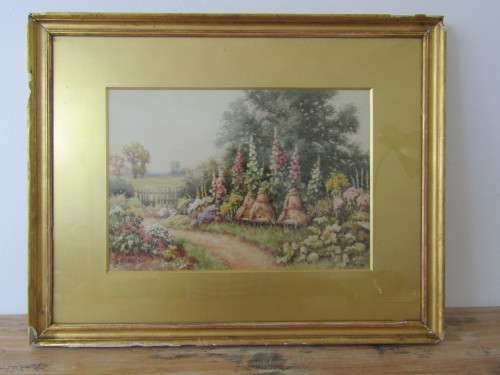 W. Carter original water colour on paper, "Beehives in English garden", 19th century, 36cm x 25cm
