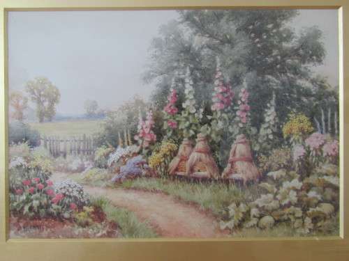 W. Carter original water colour on paper, "Beehives in English garden", 19th century, 36cm x 25cm