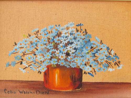 Original vintage Celia Waish-Diehl oil on board framed painting, small miniature 17cm x 11xcm