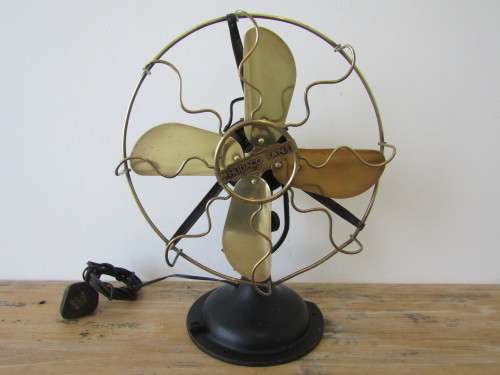 Antique Hudaco brass and cast iron electric oscillating 4 blade Fan, Working, very rare, 42cm
