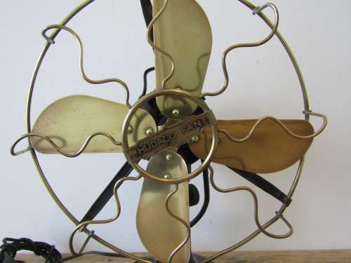 Antique Hudaco brass and cast iron electric oscillating 4 blade Fan, Working, very rare, 42cm