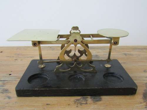Vintage Will M Brown & Co. brass and wood Post Office Scale, London