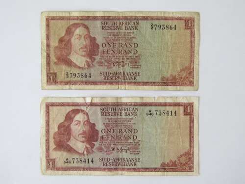 2 x Old SA R1 Bank note, TW de Jongh and Rissik, Z and A series