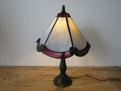 Vintage Tiffany style cast metal and Lead glass table lamp, working, 40cm tall