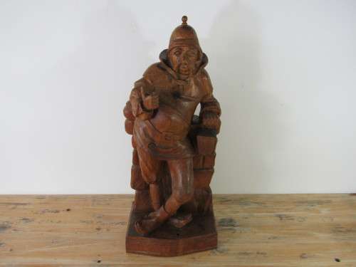 Very large vintage wooden carved Continental figurine of a Man with a lamp, 55cm x 22cm x 15cm