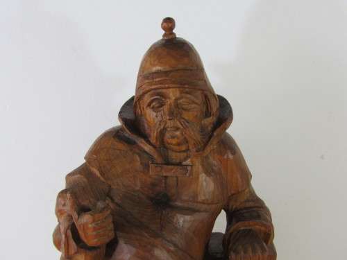 Very large vintage wooden carved Continental figurine of a Man with a lamp, 55cm x 22cm x 15cm