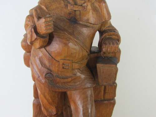 Very large vintage wooden carved Continental figurine of a Man with a lamp, 55cm x 22cm x 15cm