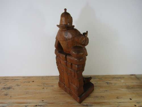 Very large vintage wooden carved Continental figurine of a Man with a lamp, 55cm x 22cm x 15cm