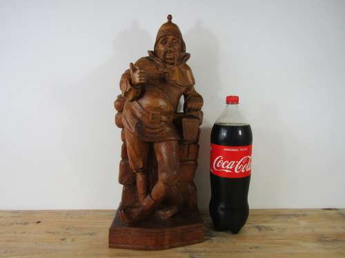 Very large vintage wooden carved Continental figurine of a Man with a lamp, 55cm x 22cm x 15cm