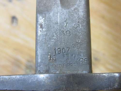 Antique Military 1907 Bayonet with leather scabbard and belt holster, makers markings, 55cm long
