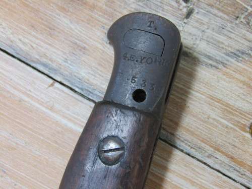 Antique Military 1907 Bayonet with leather scabbard and belt holster, makers markings, 55cm long