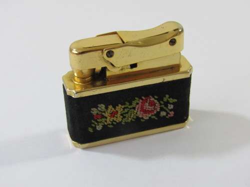Vintage ETN Goldenseal gas Lighter, brass with micro mosaic decoration