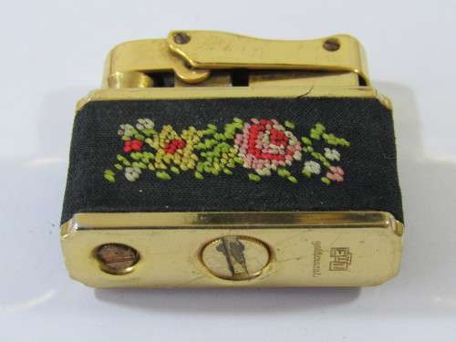Vintage ETN Goldenseal gas Lighter, brass with micro mosaic decoration