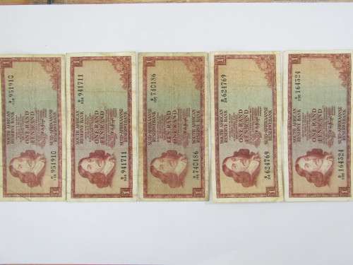 Lot of 5 old South African R1 bank notes, TW de Jongh. Many others available
