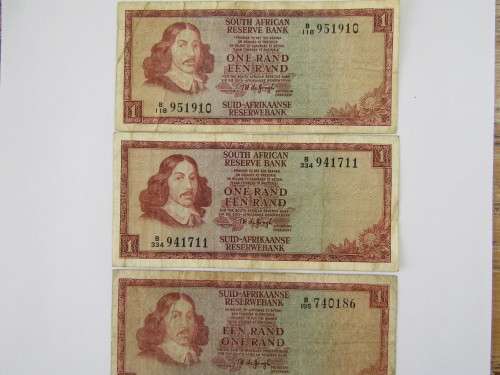 Lot of 5 old South African R1 bank notes, TW de Jongh. Many others available