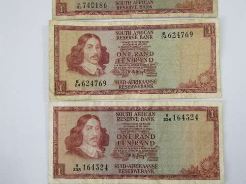 Lot of 5 old South African R1 bank notes, TW de Jongh. Many others available