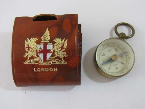 Vintage small brass Compass, The pathfinder London, protective pooch, 2.5cm diameter