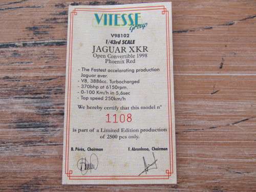 Vitesse, 1998 Jaguar XKR Convertible, Certificate,1108/2500, metal die cast model car, mint in Box