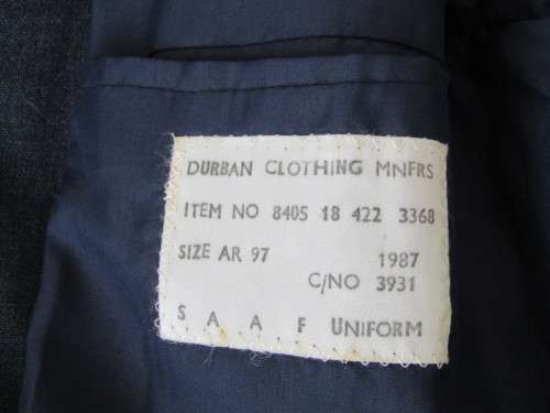 Old SAAF Lieutenant dress Uniform from the 1980's. Jacket with insignia, Pants, Belt, Cap and Tie