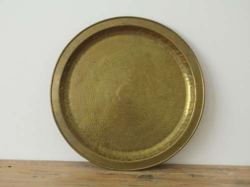 Large vintage round hand beaten solid Brass Tray with markings, 50cm diameter