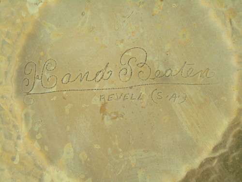 Large vintage round hand beaten solid Brass Tray with markings, 50cm diameter