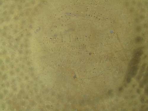 Large vintage round hand beaten solid Brass Tray with markings, 50cm diameter